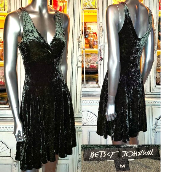 Vintage Betsey Johnson 90s Green Stretch Crushed Velvet Skater Slip Dress Size M - Picture 2 of 15